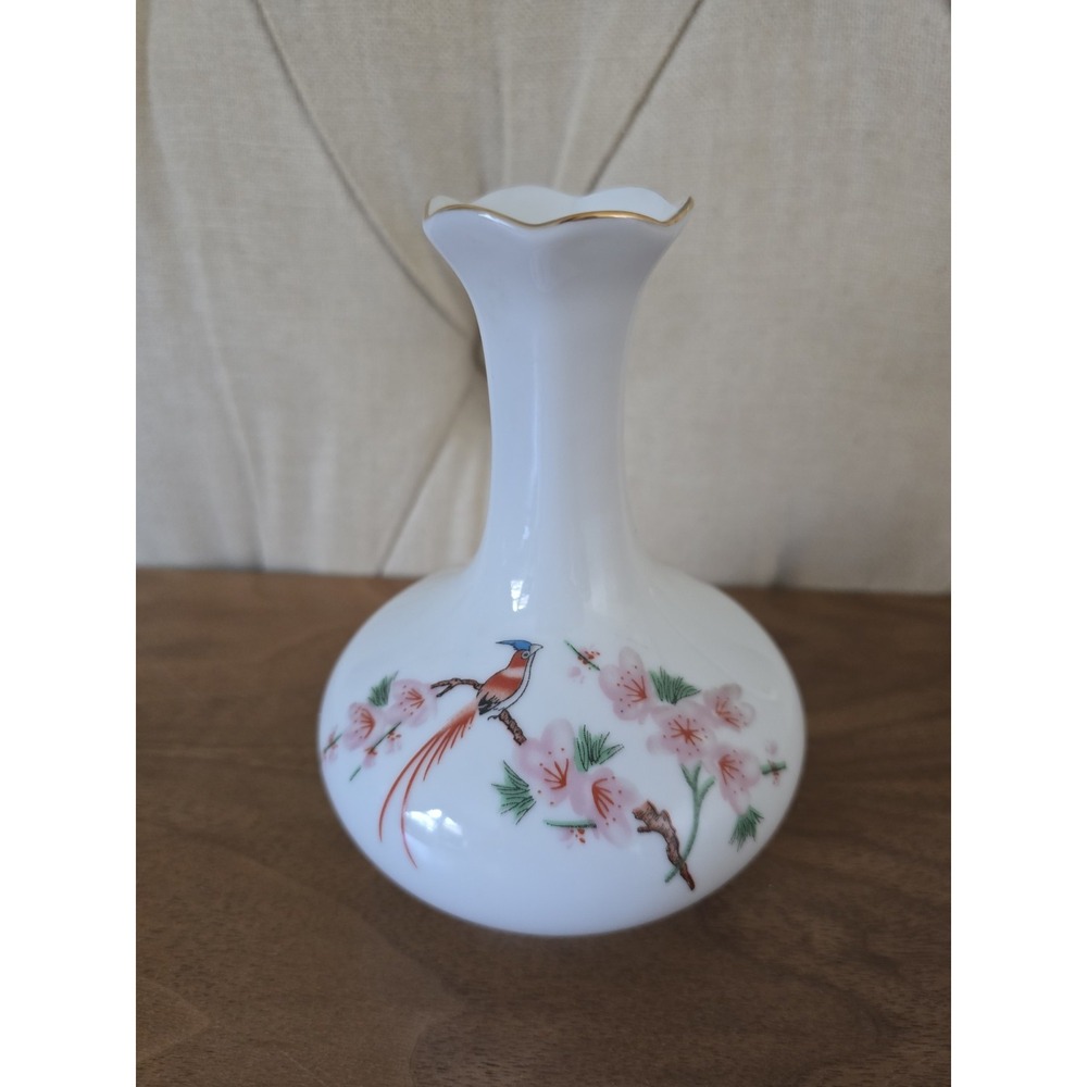Vintage Chinese porcelain bud vase with bird and cherry blossom design